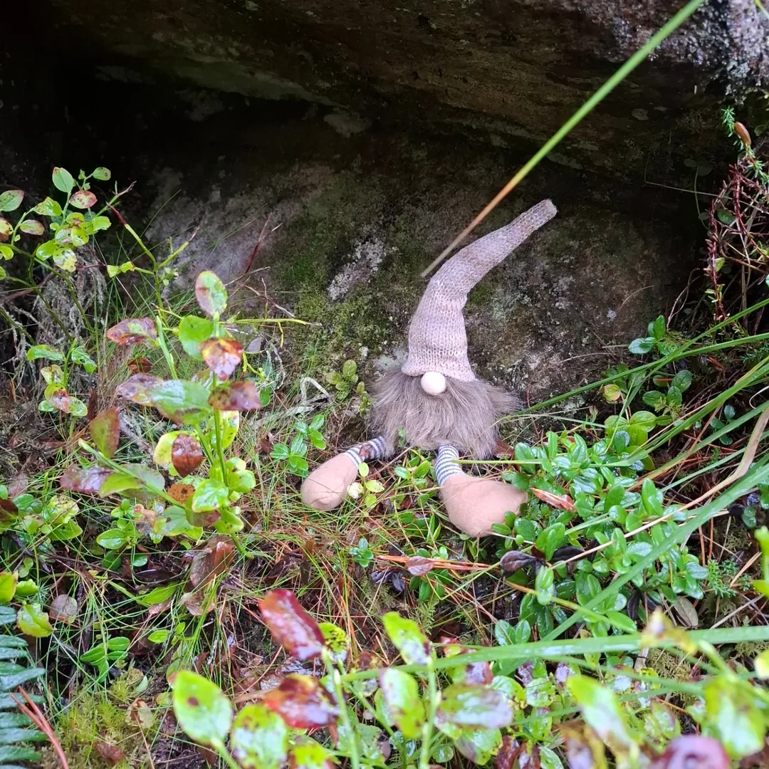 En av nissene som har funnet veien til berget. Han har laget seg et koselig sted mellom mose og steiner, og ser ut til å trives allerede (Foto: sukkertoppen_sine_smafolk)
