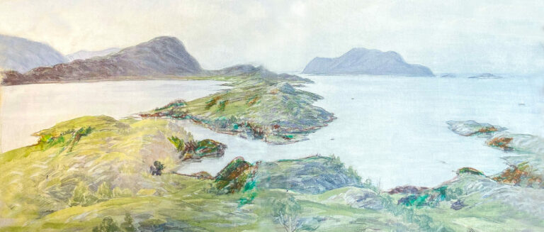 I si tid (1923) laga tegnelærer Knud Ekroll ei klassisk tegning av Ålesund sett fra Aksla. Vi ha tillatt oss å ta vekk de få husa som var på den tegninga (maleriet) for å vise hvor tynt befolka landskapet var, lenge før Ålesund kom til.