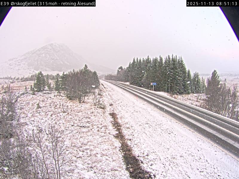 Snø på Ørskogfjellet torsdag morgen. Foto: STATENS VEGVESEN / WEBKAMERA