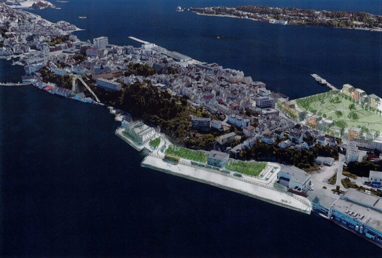 Gi deg god tid til å studere denne tegninga, som viser korsen arkitektene Margarita Pais og Ole Søvik har tenkt seg at kaia på nordsida kan arte seg. – Tegning gjengitt etter boka om korsen Ålesund kunne bli seende ut, viss arkitekt Morten Løvseth fikk bestemme ...