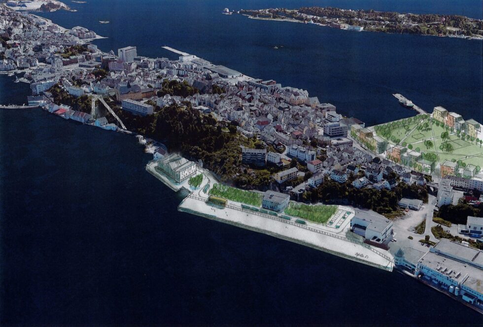 Gi deg god tid til å studere denne tegninga, som viser korsen arkitektene Margarita Pais og Ole Søvik har tenkt seg at kaia på nordsida kan arte seg. – Tegning gjengitt etter boka om korsen Ålesund kunne bli seende ut, viss arkitekt Morten Løvseth fikk bestemme ...