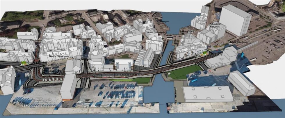Den nye sentrumsgaten strekker seg fra krysset mot Prestegata til krysset ved Arbeideren. (Foto: Aas Jakobsen)