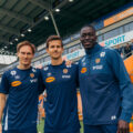 Her er klubbens tre nykommere, fotografert dagen før Start-kampen. Fra venstre Isak Skotheim, Sander Kartum og Cheich Mbacke Diop.